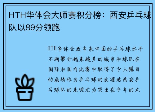 HTH华体会大师赛积分榜：西安乒乓球队以89分领跑